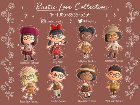 Kaylee on Twitter: "I’m excited to finally share my complete Rustic Love collection! 🌹❤️ This collection is inspired by Valentine’s Day and the cottagecore aesthetic! Swipe to see the modeled versions as well!! #animalcrossing #acnhdesign #acnh #cottagecore #animalcrossingdesign #どうぶつの森… https://t.co/5sitEmfAFm" Cottagecore Animal Crossing, Rustic Love, Rustic Outfits, Acnh Cottagecore, Valentines Outfit, Animal Crossing Wild World, Animal Crossing Characters, New Animal Crossing, Animal Crossing Game