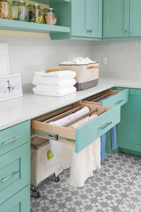 8 Laundry Room Drying Rack Ideas to Make Life Easier Drying Drawers Laundry Room, Slide Out Drying Rack Laundry, Pull Out Drying Rack Laundry, Drying Rack Drawer, Laundry Room Drying Rack Ideas, Drying Rack Ideas, Laundry Room Drying, Laundry Room Drying Rack, Laundry Stain Remover