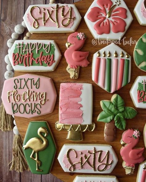 Olivia Clark | Backroad Baker on Instagram: "Flocking fun flamingo cookies for a 60th birthday! 🦩💚 #backroadbaker #customcookies #decoratedcookies #cookiesofinstagram #decoratedsugarcookies #sugarcookies #indycookier #indycookies #zionsville #zionsvillecookies #carmelcookies #carmelindiana #indianapoliscookies #flamingocookies #birthdaycookies #tropicalcookies" 60 Flocking Rocks Birthday, 60th Birthday Cookie Ideas, 60th Birthday Decorated Cookies, 70th Birthday Cookies Decorated Woman, Flamingo Birthday Cookies, Palm Springs Cookies, Flamingo Cookies Decorated, 60th Birthday Cookies For Ladies, 60th Birthday Sugar Cookies