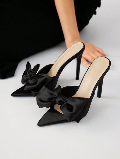 Fashionable Black Bowknot Pointed Toe Stiletto Mule High-Heeled Sandals For Women Halloween Christmas Fall Black Elegant,Fashionable        Women Shoes, size features are:Bust: ,Length: ,Sleeve Length: Elegant Heels Classy, Spring Ootd, Shoes Heels Classy, Elegant Heels, Heels Classy, Christmas Black, Girly Shoes, Women Halloween, Halloween Black