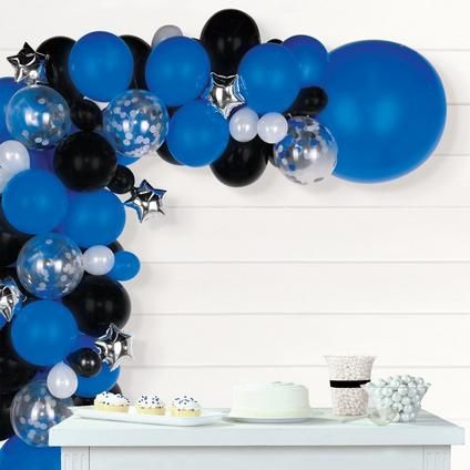 Air-Filled Blue, Black & White Star Balloon Garland Kit Blue And Black Party, Star Balloon Garland, Midnight Theme, Fortnite Party Ideas, Black And White Balloons, Varsity Cheer, Party Display, Balloon Tassel, Balloon Display