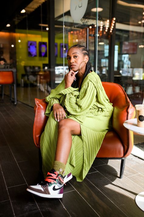 Green dress with hand crafted Jordan 1 Dress With Jordans, Date Night Looks Casual, Looks Date Night, Looks Date, Air Jordan 1 Outfit Women, Jordan Outfit Women, Jordan 1 Outfit Women, Dress And Sneakers Outfit, Date Night Looks