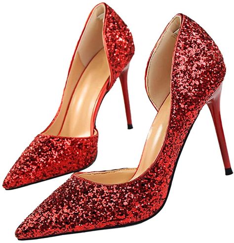 AmazonSmile | Dress First Womens Fashion Closed Toe Classic Pumps | Pumps Red Sparkly Heels, Silver Sparkly Shoes, Walking In Heels, Sparkly Shoes, Basic Heels, Glitter Pumps, Sparkly Heels, Prom Heels, Brand Name Shoes