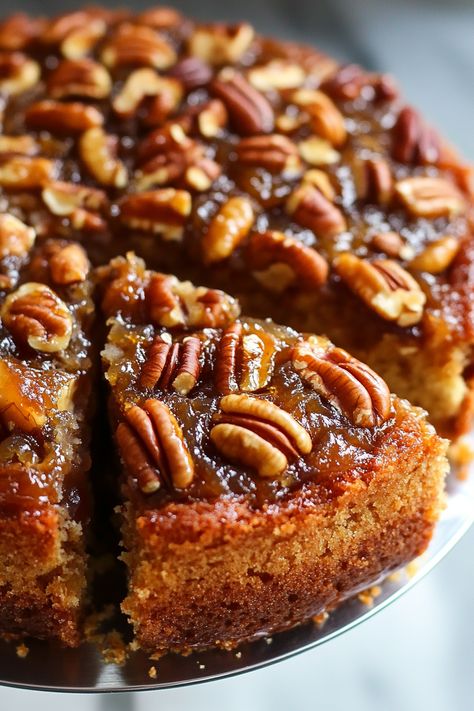 Pecan Upside Down Cake Pecan Upside Down Cake, Caramelized Pecans, Fluffy Vanilla Cake, Breakfast Cakes, Pecan Pie Cake, Pecan Cake, Gateaux Cake, Golden Syrup, Baking With Kids