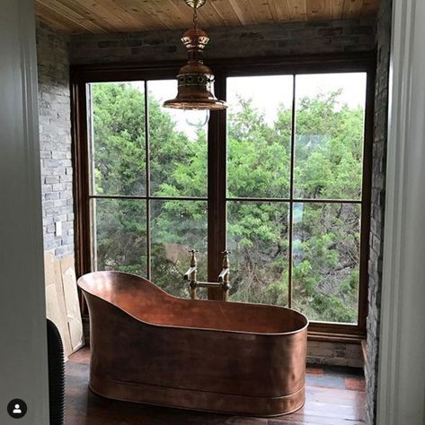 Copper Soaking Tub, Brick Bathroom, Copper Tub, Copper Bath, Copper Bathtubs, Outdoor Bathroom, Spa Bathroom, Ground Level, Bathroom Spa