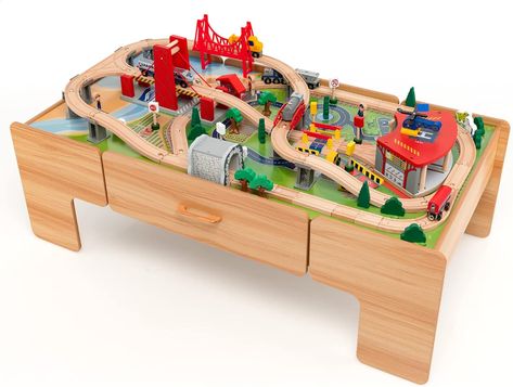 Amazon.com: HONEY JOY Train Table, Wooden Kids Activity Table with Storage, 100 Multicolor Pieces, Tracks, Trains, Cars, Toddler Train Table Set with Reversible Tabletop, Gift for Boys Girls Age 3+, Natural : Toys & Games Wooden Train Table, Train Set Table, Wooden Train Track, Kids Play Table, Kids Activity Table, Train Table, Wooden Train Set, Play Table, Activity Table