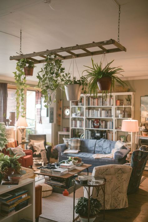 A horizontal ladder adorned with greenery in a farmhouse-inspired space. Plants High Ceilings, Plants In Dining Room, Plant Ceiling Decor, Hanging Plants From Ceiling, Hanging Plants Indoor Living Rooms, Plants From Ceiling, Hanging Plant Ideas, Indoor Hanging Plants, Plant Wall Hanging