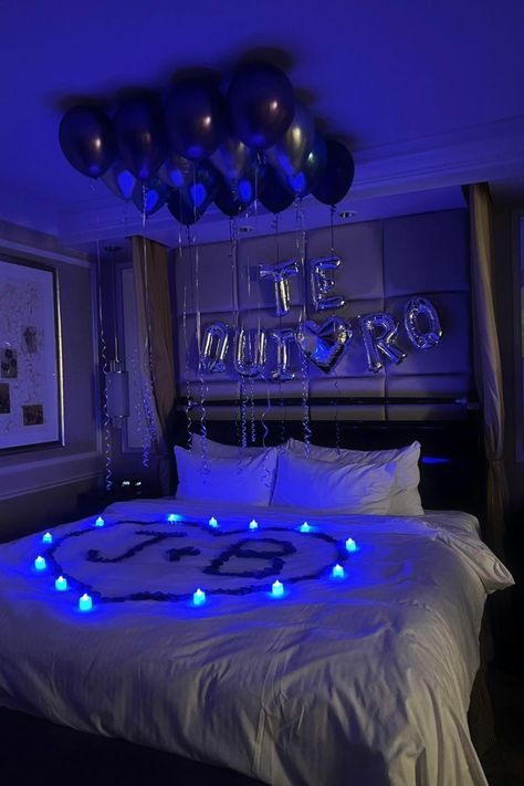 Birthday balloon decoration room surprise in royal blue purple and silver. Las Vegas suite decorating available to book online. Blue Decorated Hotel Room For Boyfriend, Royal Blue Room Decor, Hotel Room Decorations Romantic For Him, Suprise Birthday Room Decorations, Hotel Room For Boyfriend Birthday, Boyfriend Welcome Home Ideas, Blue Birthday Room Decorations, Royal Blue And Silver Birthday Decor, Room Birthday Surprise For Him Blue