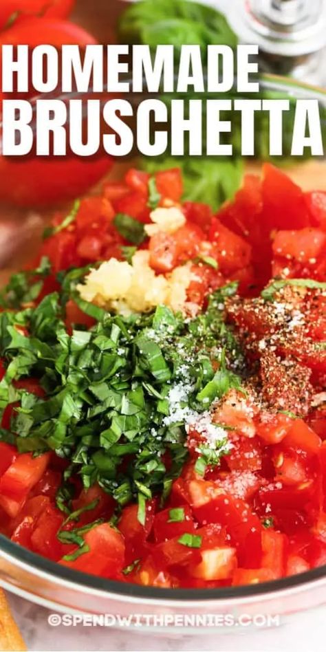 Garden Fresh Bruschetta is a fresh, delicious appetizer that only takes minutes to make! Serve with crostini, baguette bread or crackers! #spendwithpennies #gardenfreshbruschetta #recipe #appetizer #easy #best Ina Garten Bruschetta Recipe, Best Bruschetta Recipe, Bruchetta Appetizers, Garlic Baguette, Bruschetta Recipes, Fresh Bruschetta, Classic Bruschetta, Easy Bruschetta Recipe, Homemade Bruschetta