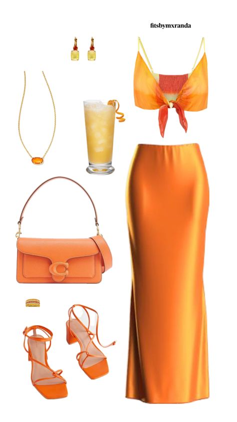 ORANGE CRUSH OUTFIT INSPO #outfitinspo #outfit Christine Selling Sunset Outfits, Orange Going Out Outfit, Sunset Theme Outfit, Orange Aesthetic Outfits, Orange And Green Outfit, Orange Outfit Aesthetic, Cheese Night, Sunset Theme, Outfit Shuffles