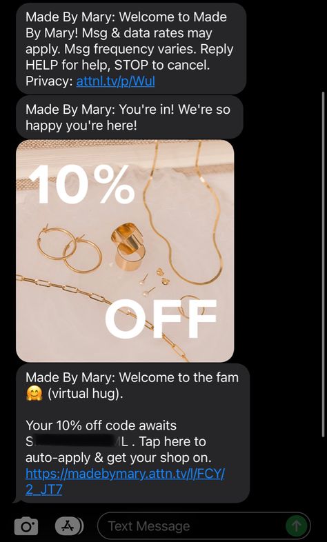 A series if texts new sms subscribers receive from Made by Mary. Great example of sms markwting by a jewelry brand. Welcome Message, Made By Mary, Virtual Hug, Jewelry Brands, The Fam, Jewelry Brand, A Series, Text Messages, Jewelry Branding