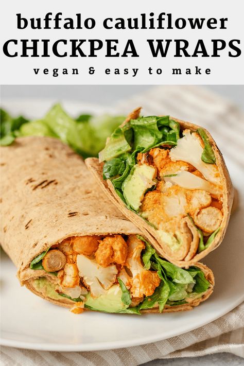 These buffalo cauliflower chickpea wraps are loaded with oven baked cauliflower and chickpeas flavored with a creamy rich vegan buffalo sauce. You only need one pan to make these delicious vegan wraps and they make for the perfect lunch. Cauliflower And Chickpeas, Oven Baked Cauliflower, Vegan Buffalo Sauce, Yummy Wraps, Buffalo Chickpea, Baked Buffalo Cauliflower, Easy Vegan Recipes, Vegan Wraps, Baked Avocado