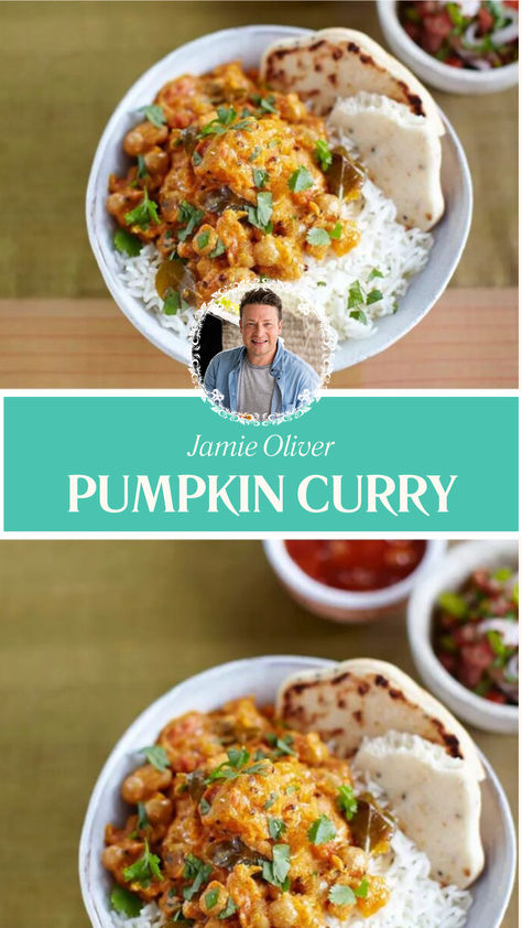 Jamie Oliver Pumpkin Curry Pumpkin Chickpea Curry, Pumpkin Curry Indian, Pumpkin Curry Recipe, Chef Jamie Oliver, Pumpkin Curry, Culinary Techniques, Jamie Oliver Recipes, Food Meals, Chickpea Curry