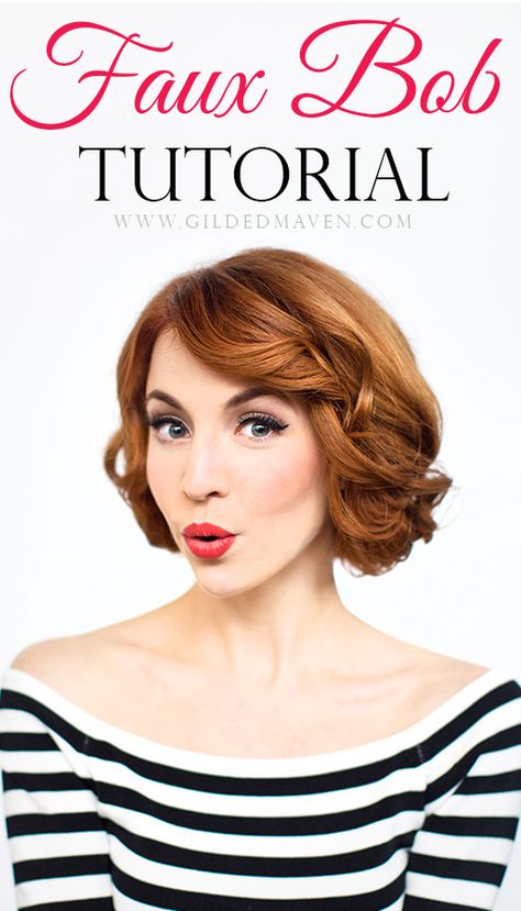 What a great idea! Gotta pin this. Sometimes I just want short hair without the commitment! This is PERFECT! #fauxbob #tutorial Faux Bob Tutorial, Great Gatsby Party Outfit, Fake Short Hair, Bob Tutorial, Fake Bob, Beach Waves Hair Tutorial, Flapper Hair, Gatsby Hair, Faux Bob