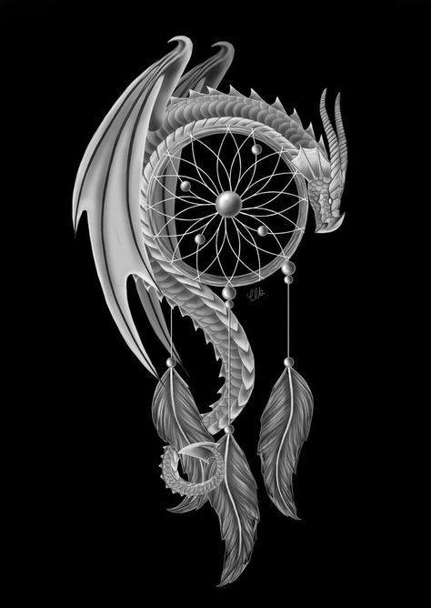 The Dream Guardian 'dragon and a dream catcher' by CLB-Raveneye on deviantART Back Ear Tattoo, Religious Tattoo Sleeves, Kunst Tattoos, Star Tattoo Designs, Dream Catcher Tattoo, Feather Tattoos, Rib Tattoo, Hip Tattoo, Design Tattoo