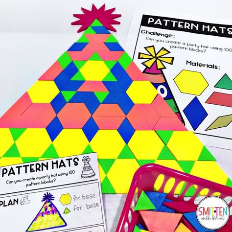 100th Day of School challenge-can you build a pattern block party hat? Party Hat Pattern, 100th Day Activities, Task Cards Kindergarten, 100th Day Of School Activities, 100s Day, 100th Day Of School Crafts, Kindergarten Stem, Donation Letter, 100 Day Of School Project