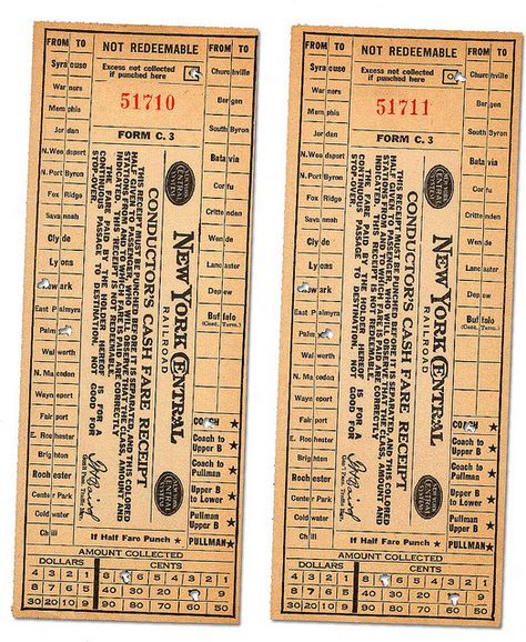 NY train tickets | New York Central fare receipts (Form C-3), 1930s | Flickr - Photo ...  #GrandCentralNYC 1930s Train, Vintage Train Ticket, Buffalo Central Terminal, Train Ticket, Center Park, Vintage Ticket, Papel Vintage, Free Vintage Printables, Printables Freebies