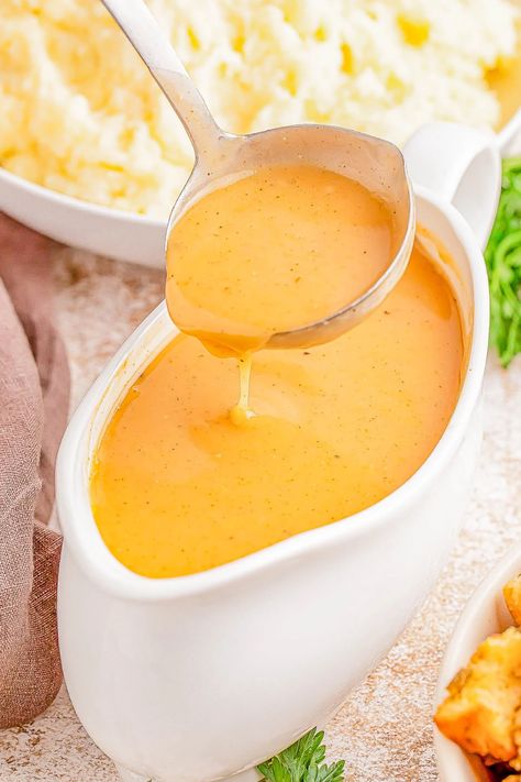 Easy Chicken Broth Gravy — 🧡🙌🎉 If you don’t have pan drippings to make gravy, try this QUICK and EASY gravy recipe instead! It uses store bought chicken broth (or turkey broth) and turns out wonderfully smooth, rich, buttery, and FLAVORFUL every time! Perfect for holiday meals like Thanksgiving, Christmas, Easter or make it for family dinners throughout the year to serve over chicken, turkey, and of course mashed potatoes! Gravy Recipe With Chicken Broth, Turkey Gravy With Chicken Broth, How To Make Gravy From Broth, Bone Broth Gravy Recipe, Better Than Bullion Gravy, Gravy From Chicken Broth, Chicken Broth Gravy Recipe, Homade Gravy, Gravy With Chicken Broth