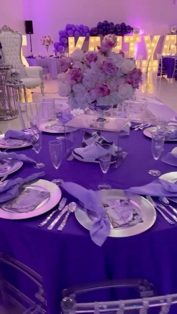 Sweet 16 Purple Decorations, Quencinera Purple Theme, 16 Shades Of Purple Sweet 16, Purple Sweet 16 Table Decorations, Purple Sweet Sixteen Decorations, Royal Purple Sweet 16, Sweet 16 Sneaker Ball Cake Ideas, Purple Sneaker Ball Decorations, Sweet 16 Purple And Blue Theme