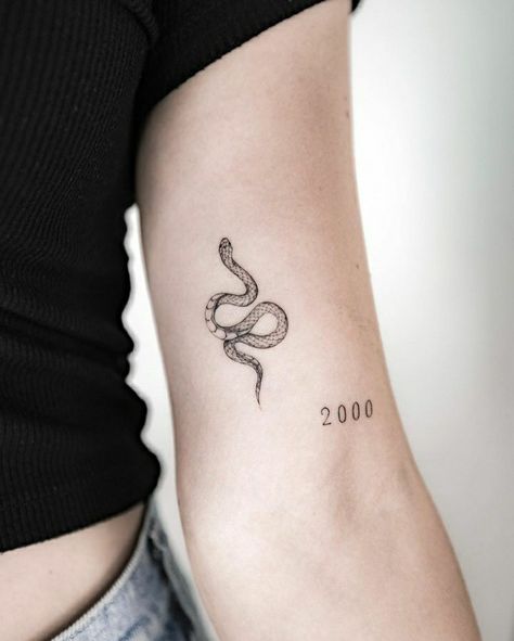 snake date tattoo 2000s Snake Tattoo Fine Line, Fineline Snake Tattoo, Feminine Snake Tattoo, Small Snake Tattoo, Cobra Tattoo, Serpent Tattoo, Snake Tattoo Design, Bicep Tattoo, Small Hand Tattoos