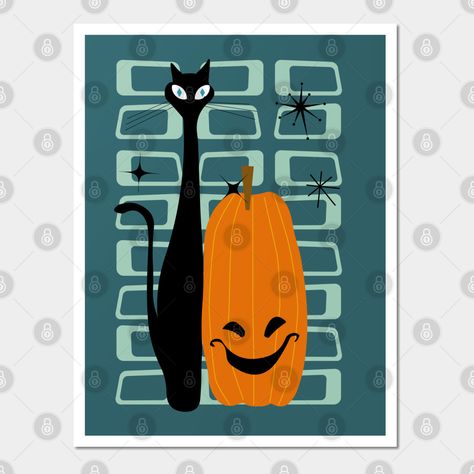 Mid Century Witch, Mid Century Modern Halloween Decor, Mid Century Cat Art, Halloween Posters Ideas, Mid Century Halloween Decor, Mid Century Fall Decor, Mcm Halloween, Midcentury Halloween, Mid Century Modern Halloween