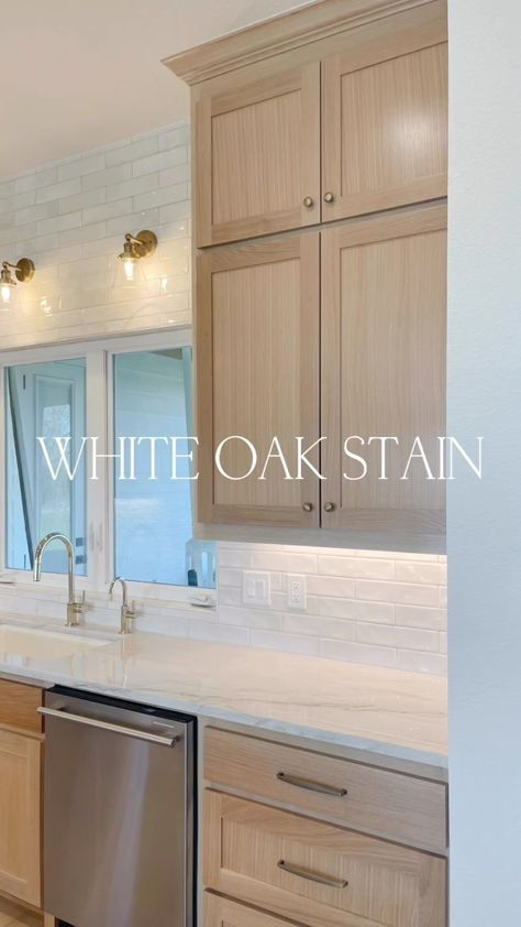 Heather | Let talk about stain!! I fell in love with White Oak cabinets a couple of years ago when we first started talking about building a home… | Instagram Oak Cabinets Sanded Down, Light Wood Cabinets With Gold Hardware, Kitchen Backsplash Ideas White Oak Cabinets, Tan Brushed Oak Cabinets, Light Wood Stained Cabinets, Bisque Cabinets Kitchens, Cabinet Ideas For Small Kitchens, White Countertops Oak Cabinets, White Oak Cabinets Backsplash