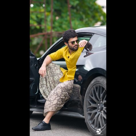 Vijaydevarakonda wearing golden threadsofficial's Designer yellow kurtha and dhothi Bread Man, Style Photography, Man Style, Bread, Yellow, Photography