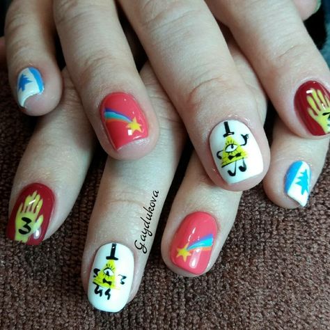 Gravity Falls Nail Designs, Gravity Falls Nail Art, Gravity Falls Makeup, Gravity Falls Nails, Fall Acrylic Nails Almond, Fnaf Nails, Nails Almond Acrylic, Gel Nails Fall