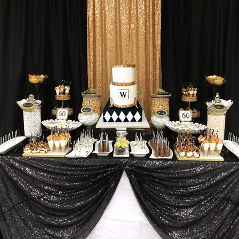 Black And Gold Sweets Table Ideas, 40th Birthday Sweets Table, Desert Table Ideas Birthday Black And Gold, 50th Candy Table Ideas, 50th Birthday Sweet Table Ideas, 60th Birthday Treat Table, Black And Gold Snack Table, Gold And Black Sweets Table, Black And Gold Food Table Decorations