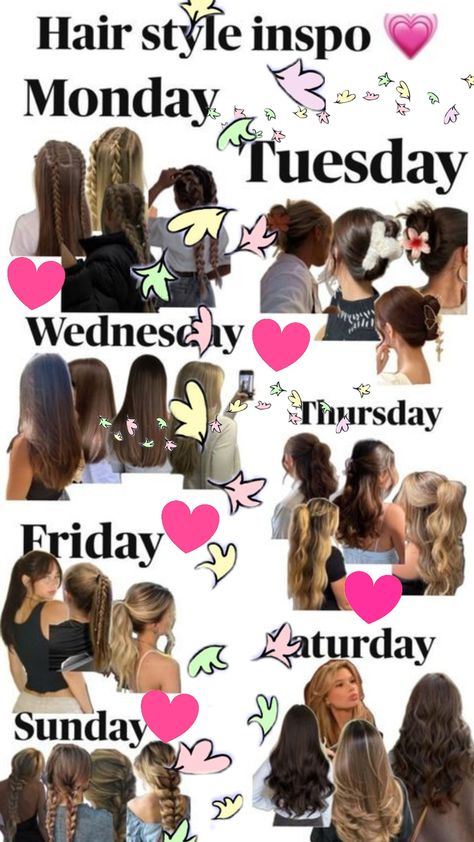 Hair styles for the week Hairstyles For Every Day Of The Week, Early 200s Hair Styles, Hairstyles For The Week School, Hair Of The Week, Weekly Hairstyles For School, Days Of The Week Hairstyles, Hair For The Week, Full Week Of Hairstyles, Hairstyles For Each Day Of The Week