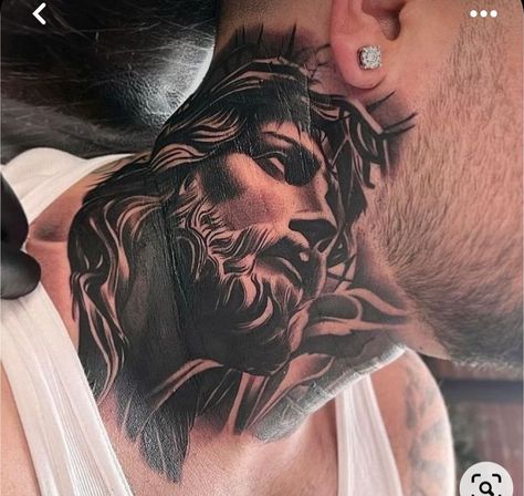 Angel Tattoo Men Neck, Jesus Neck Tattoo, Angel Neck Tattoo, Angle Tattoo For Men, Neck And Throat Tattoos Men, Jesus On Cross Tattoo, Guardian Angel Tattoo Designs, Front Neck Tattoo, Full Neck Tattoos