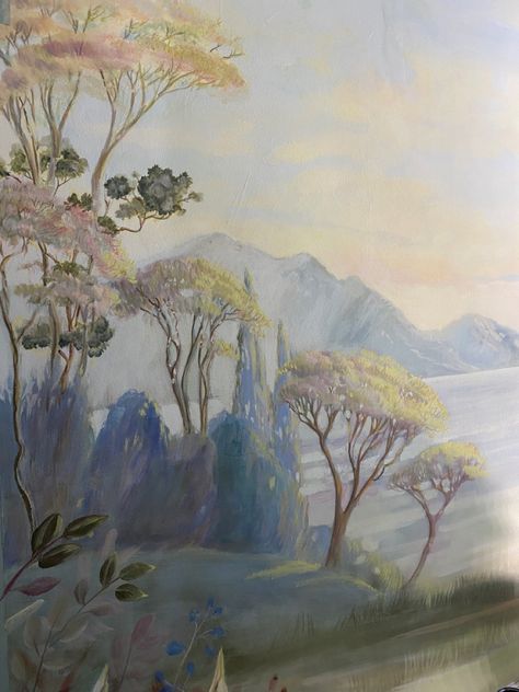 The landscape paintings of this landing mural feature soft cool colours reminding of early morning hours. The ocean scene lined with trees one might find in the mediterranean areas will eventually change to scenes reminding of tropical places featuring lush palm trees and flowers. The idea was to travel through beautiful places around our world, starting at daylight and ending at night, right at the door of the bedroom. These landscape paintings are bespoke and can be adapted to ones preference. Colonial Beach, Beach Mural, Ocean Scenes, Interiors Dream, Spanish Colonial, Painting Wallpaper, Mural Art, Palm Trees, Mural Wallpaper