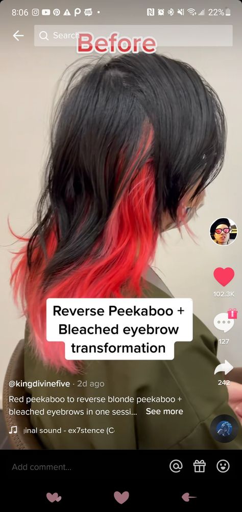 Reverse Peekaboo Hair, Blonde Peekaboo, Red Peekaboo, Bleached Eyebrows, Peekaboo Hair, Eyebrows, Bleach, Blonde, Hair Styles