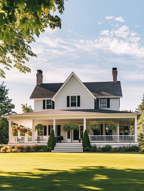 Two Story White House, One Story Farmhouse Exterior, North Carolina House Aesthetic, White Farmhouse Wrap Around Porch, Old Money Farmhouse, House From The Notebook, 4 Bedroom House Plans 2 Story, Southern Farmhouse Exterior, Charleston Homes Exterior