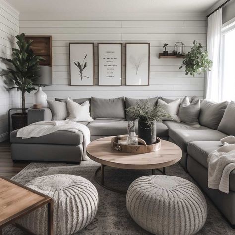 How to Create a Stunning Grey Modern Farmhouse Living Room • 333+ Images • [ArtFacade] Grey Modern Farmhouse Living Room, Grey Modern Farmhouse, Gray Sectional Living Room, Gray Living Room Design, Grey Sofa Living Room, Modern Farmhouse Living Room Decor, Shiplap Walls, Grey Couch Living Room, Modern Farmhouse Living