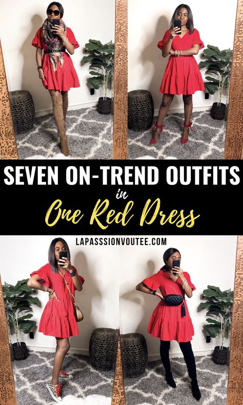 7 Easy Ways to Wear a Red Dress | Worried that red might be too bold for you? Here are outfit options wearing a red shift dress you can steal to help you effortlessly slay a red dress this season. Everything from a casual look with on-trend sneakers and work denim for the career woman to keeping warm with a blanket scarf and being the life of the party in an all-red monochrome outfit. I’ve got you covered! Red Dress Layered Outfit, Short Red Dress Casual, How To Style A Red Dress, Casual Red Dress Outfit, Red Dress Outfit Ideas, Summer Tops Women Casual, Black Fashion Bloggers, Red Dress Casual, Red Shift Dress