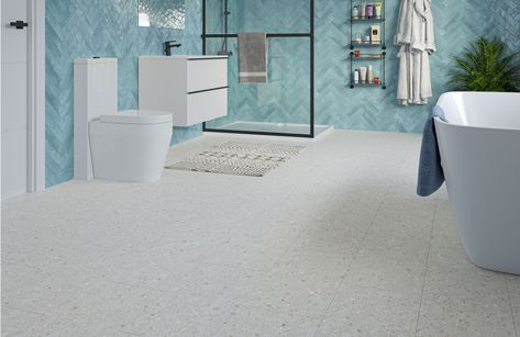 Lvt Flooring Bathroom, White Terrazzo Tile, Vinyl Click Flooring, Flooring Bathroom, Chevron Tile, Click Flooring, White Terrazzo, Terrazzo Tile, Room Visualizer