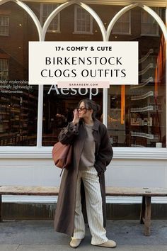 Brown Leather Birkenstocks Outfit, Clogs With Skirt Outfit, Flare Jeans And Clogs Outfit, Boston Clog Outfits, Birk Clogs Outfit, Clogs Outfit Ideas, Style Birkenstock Clogs, Fall Birkenstock Outfits, Outfits With Clogs