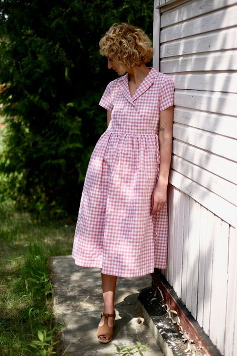 Linen Apron Dress, Pink Check Dress, 1930's Dresses, Cotton Wrap Dress, Art Deco Dress, Shirtwaist Dress, Ruffled Skirt, Check Dress, Corduroy Dress