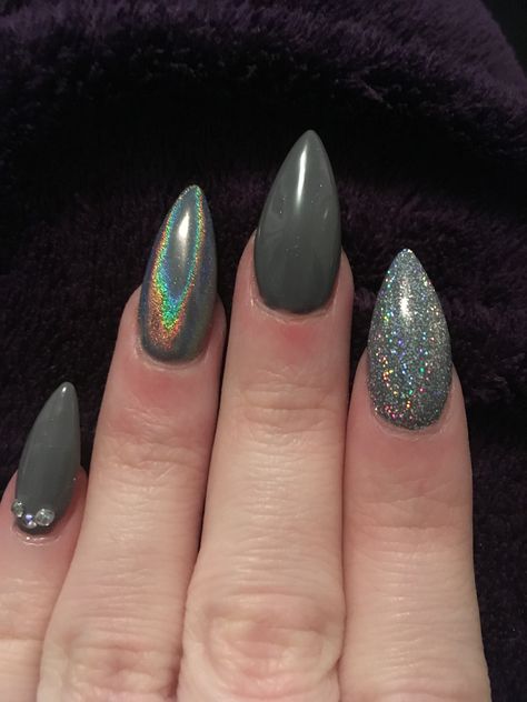 Grey Iridescent Nails, Grey Holographic Nails, Gem Acrylic Nails, 2024 Nails, Holographic Nails, Holographic Glitter, Nail Ideas, Cute Nails, Turquoise Ring