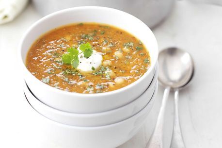 Low Fat Soups, Chilli Soup, Chickpea Soup, Chili Soup, Detox Soup, Bbc Good Food Recipes, Red Lentil, Lentil Soup, Healthy Soup