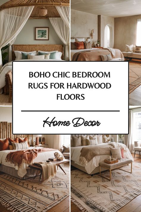 Boho chic bedroom with hardwood floors featuring patterned rugs and stylish decor. Bedroom Boho Chic, Bedroom Rugs Under Bed, Shabby Chic Rugs, Rug Under Bed, Boho Area Rugs, Kitchen Flooring Trends, Kitchen Tile Inspiration, Ensuite Bathroom Designs, Industrial Chic Kitchen