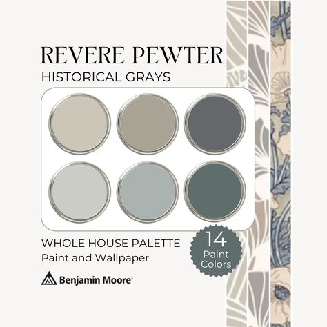 Revere Pewter With Accent Wall, Top Benjamin Moore Paint Colors 2024, Revere Pewter Color Palette, Brewster Gray Benjamin Moore, Revere Pewter Trim, Benjamin Moore Historical Collection, Revere Pewter Cabinets, Benjamin Moore Gray Paint Colors, Revere Pewter Coordinating Colors