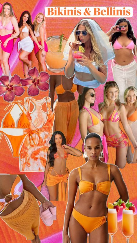 Orange and pink theme bridal bachelorette Sunset Color Bachelorette Outfits, Hot Pink And Orange Bachelorette, Sunset Bachelorette Theme, Bachelorette Theme Ideas, Tequila Sunset, Orange Bathing Suit, Colorful Bathing Suit, Orange Theme, Pink Bachelorette