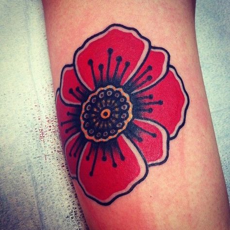 Old school poppy flower tattoo on arm Traditional Poppy Tattoo, Red Poppy Tattoo, Poppy Flower Tattoo, Poppy Tattoo, Traditional Tattoo Flowers, Poppies Tattoo, Flower Tattoo Arm, Tattoo Traditional, American Traditional Tattoo