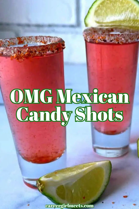 OMG, this Mexican Candy shots recipe is insanely delicious, fun, and easy!! You'll need gold tequila (or vodka if you want), watermelon (or mango) schnapps or smirnoff, tajin, and limes. This cocktail party shot drink (like jello shots) will bring a crowd together so make a pitcher!!

// chamoy //  mexican candy cocktail recipe // easy to make shots // tamarind vodka // Tasty Shots Alcohol, Spicy Tamarind Vodka Jello Shots, Mexican Candy Drink Recipe, Smirnoff Tamarindo Vodka Recipes, Chamoy Shot Recipe, Mexican Candy Shots, Chamoy Recipe, Tamarind Vodka, Candy Shots