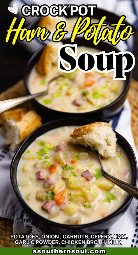 Crock Pot Ham and Potato Soup is a classic rich, creamy comfort food! It’s easy to make, loaded with veggies, and super satisfying. This recipe is a must-make for soup season. Ham And Potato Soup Crockpot Cream Cheese, Potato And Ham Soup Crockpot, Ham Potato Soup Crockpot, Crockpot Potato And Ham Soup, Slow Cooker Ham And Potato Soup, Soups In A Crock Pot, Ham Soup Crockpot, Fall Soups Crockpot, Crockpot Ham And Potatoes