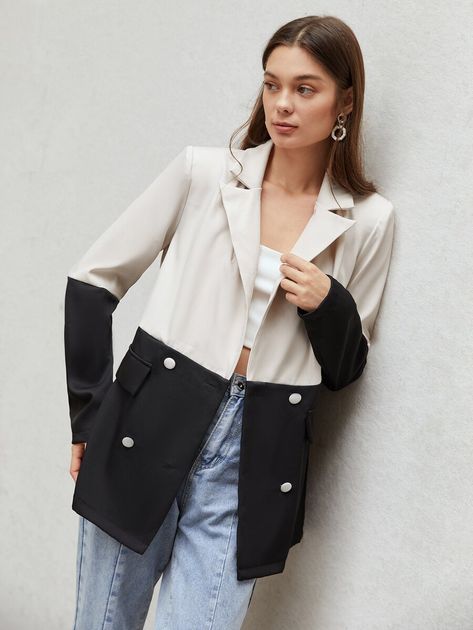 SHEIN Two Tone Double Breasted Blazer | SHEIN Two Tone Jacket, Two Tone Outfit, Two Tone Blazer, Double Cuff, Breasted Blazer, Blazer Fashion, Double Breasted Blazer, Shein Style, Fit Inspo