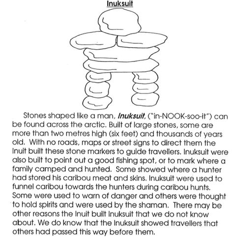 1.  What does the word "Inuksuk" mean? 2.  Tell 7 things that Inuksuks are used for. 3.  Draw an inuksuk and color it. Canada Day Crafts, Indigenous Studies, Indigenous Education, Inuit People, Stone Cairns, Native American Wisdom, Indigenous Peoples Day, Cultural Art, Inuit Art