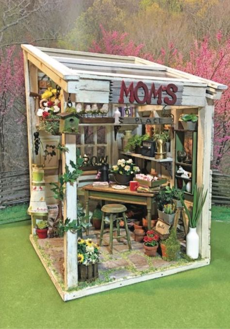 Miniature Garden House, Greenhouse Diorama, Dollhouse Conservatory Diy, Miniature Potting Shed, Target Dollhouse Greenhouse, Dollhouse Flower Boxes, Dollhouse Garden Shed, Miniature Greenhouse, Room Box Miniatures